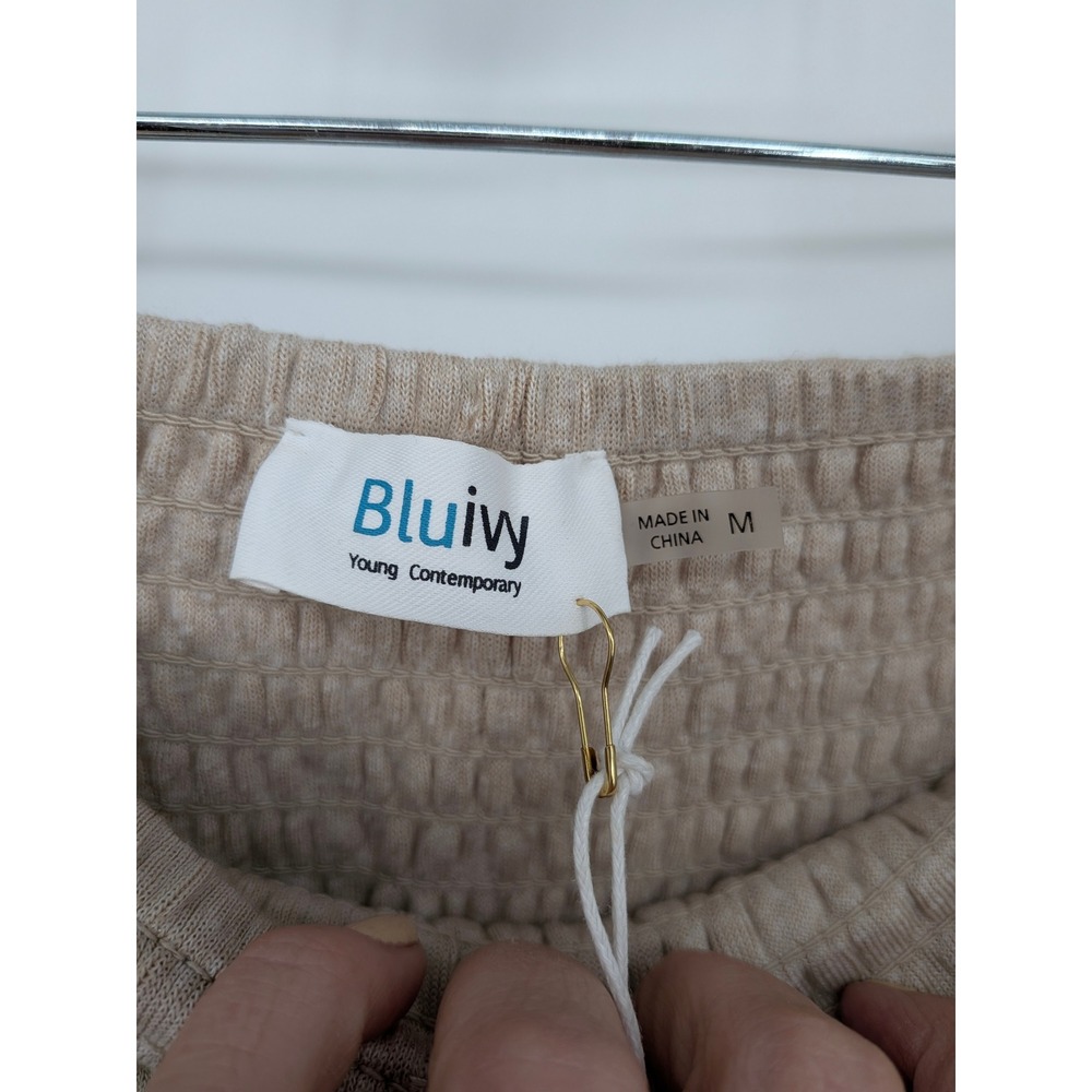 Blu Ivy Wide Leg Pants Women Medium Beige Smocked Waist Boho Baggy Lagenlook - Picture 5 of 8